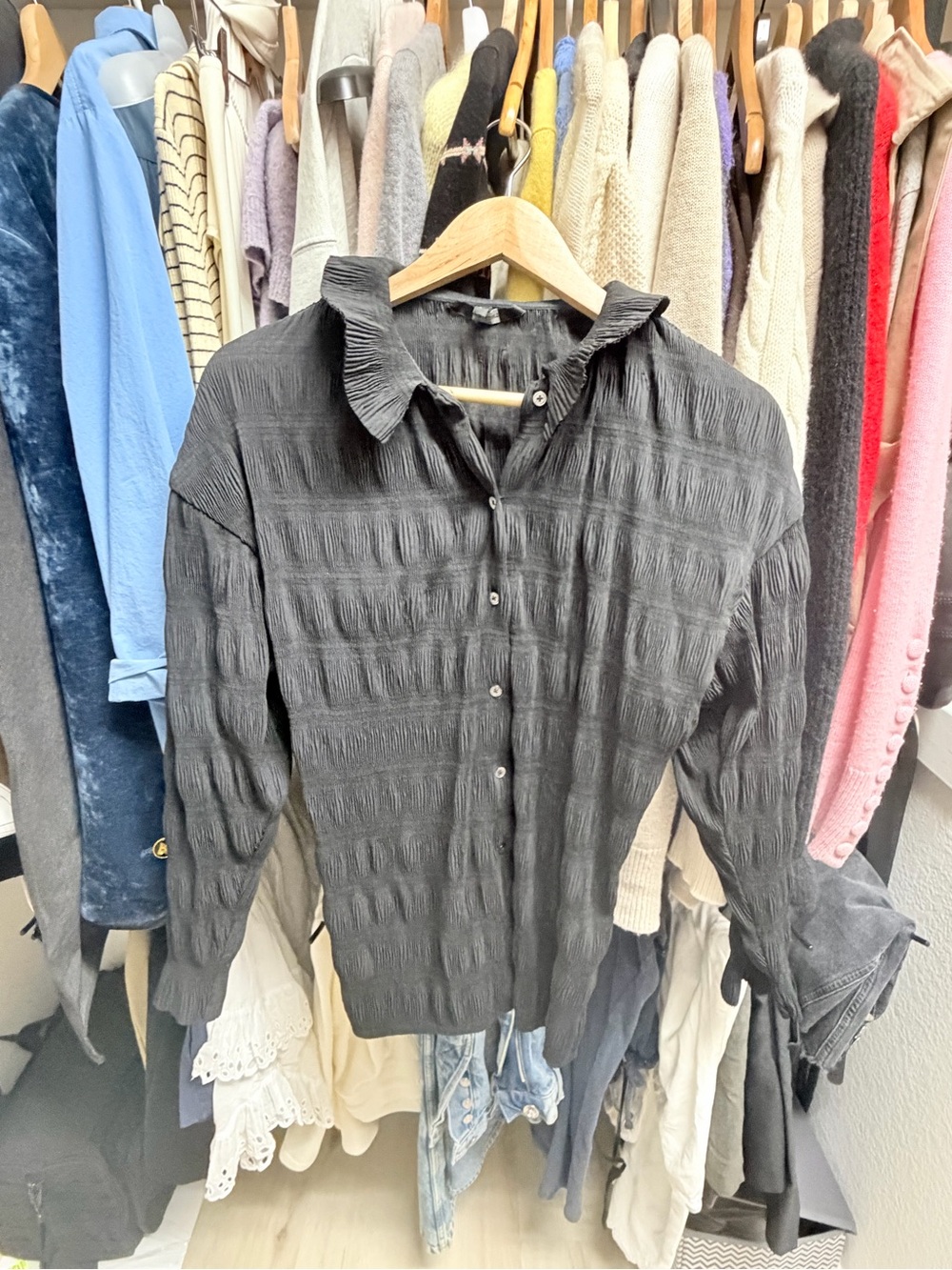 Black Textured Button-Up Shirt - Classic Women’s Shirt
